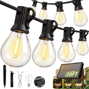 20FT Solar String Lights Outdoor Waterproof IP65, Shatterproof with LED Bulbs Long Last for 20Hrs,USB & Solar Powered Patio Lights for Backyard, Porch, Garden, Wedding, Christmas,Party Decor