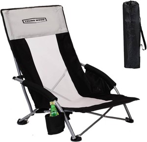 YOUNG WOOD High Beach Chair, Camping Chair, High Back Extra Wide Seat Chair with Comfortable Pillow & Storage Pocketsuitable for Adults, Children and Pets Fishing, PLoad Capacity 350lb,Black.1p