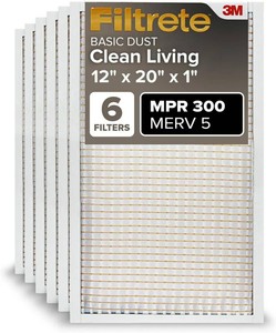 Filtrete 12x20x1 Air Filter, MERV 5, MPR 300, 6 HVAC Filters