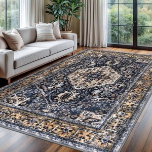 KOZYFLY Boho Area Rug 8x10 Ft Thin Rugs for Living Room Washable Bedroom Rug Non Slip Rugs for Living Room GoldOrangeNavy Printed Faux Wool Vintage Bedroom Rug Floor Carpet