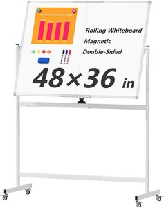 $115 Large Rolling Whiteboard on Wheels, 48 x 36 Double-Sided Mobile White Board with Stand, 4 x 3 Portable Standing Magnetic Dry Erase Board Easel for Home Office Classroom School, Silver