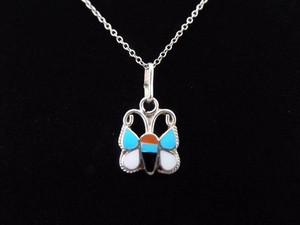 .925 Sterling Silver Turquoise, Onyx, Coral, and Mother of Pearl Butterfly Navajo Pendant Necklace