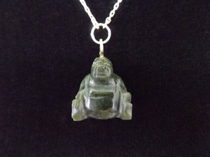 .925 Sterling Silver Green Jade Carved Buddha Pendant Necklace