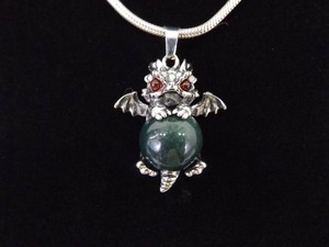 .925 Sterling Silver Garnet Eyed, Jade Ball, Baby Dragon Pendant Thick Rope 16.25 Necklace