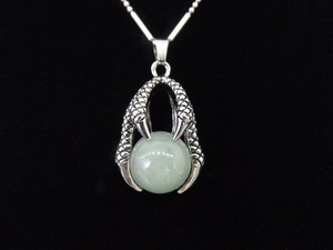 .925 Sterling Silver Jade Ball Dragon Claw Pendant Necklace