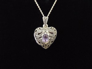 .925 Sterling Silver Art Nouveau Amethyst Heart Locket Pendant Necklace