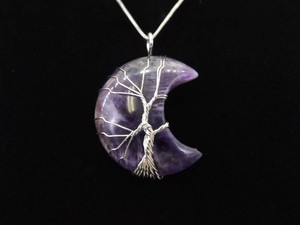 .925 Sterling Silver Amethyst Moon Steel Wire Tree of Life Pendant Necklace