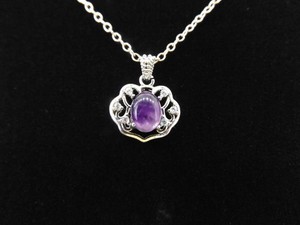 .925 Sterling Silver Amethyst Cabochon Pendant Necklace