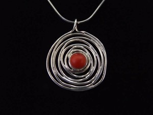 .925 Sterling Silver Red Coral Cabochon Spiral Web Pendant Necklace