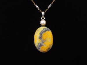 .925 Sterling Silver Pearl Accented Bumblebee Jasper Cabochon Pendant Necklace
