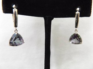 .925 Sterling Silver Trillion Cut Swarovski Mystic Crystal Hinged Hook Dangle Earrings