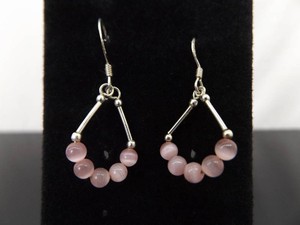 .925 Sterling Silver Pink Cats Eye Dangle Hook Earrings