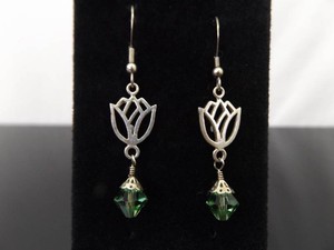 .925 Sterling Silver Peridot Crystal Lotus Flower Dangle Hook Earrings