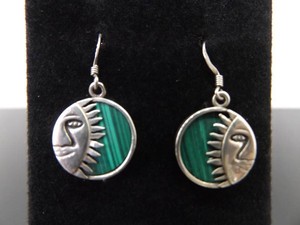 .925 Sterling Silver Malachite Sun Dangle Hook Earrings