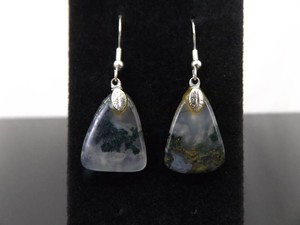 .925 Sterling Silver Green Moss Agate Dangle Hook Earrings