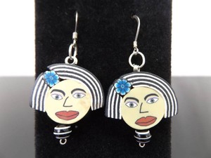 .925 Sterling Silver Lady Face Dangle Hook Earrings