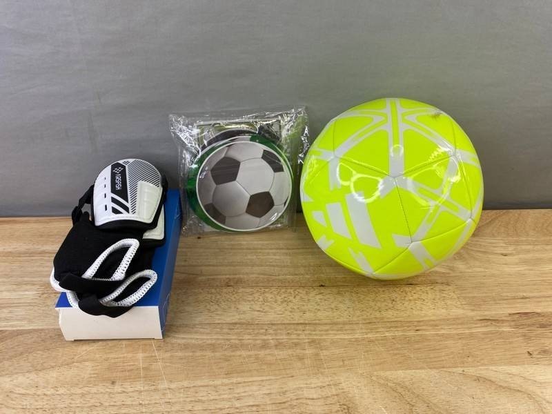 Kids Soccer Bundle Airsfish Shin Guards Size XS, Ball, & Birthday Decorations - Brand New