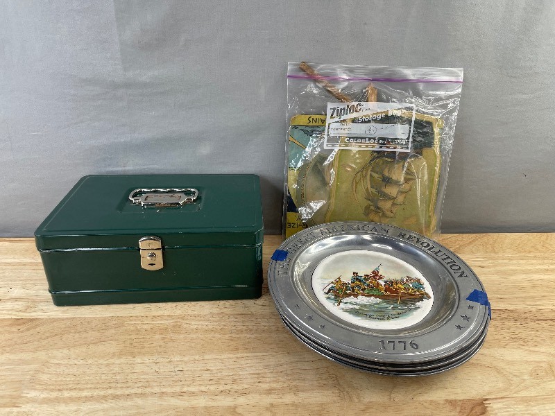 3 Vintage Great American Revolution Commemorative Plates, 5 Hand Fans and Tackle Box with Lighter K