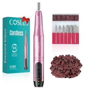 COSLUS CX20 Cordless Electric Nail Drill, Grinding Bits, & Sanding Bands, Pink - New