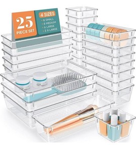Clear Plastic Drawer Organizers, 4 Sizes, 25 Pieces - Brand New