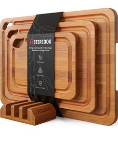 Astercook Carbonized Bamboo Cutting Boards with Holder, 3 Total Boards - Brand New
