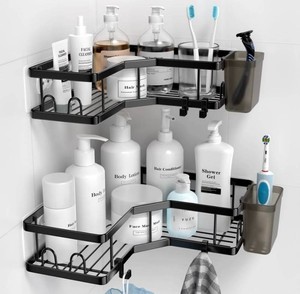 Stainless Steel Adhesive Corner Shower Shelves, Black, 2 Total - Brand New