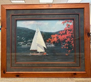Framed Sailboat Waterfront Landscape Painting