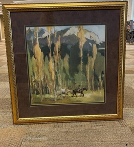 Framed Mountain Landscape Artwork With Rider and Pack Animals