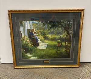 Framed Mother and Child Garden Scene - Ornate Gold-Tone Frame