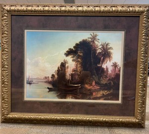 Ornate Framed Tropical River Landscape Artwork