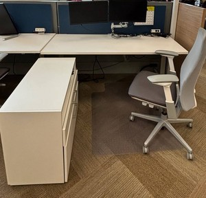Haworth Fern Chair, Sit-Stand Desk, Dual Monitors & Storage Workstation Mixed Lot