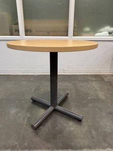 Round Wood-Top Cafe Table With Black Metal Pedestal Base