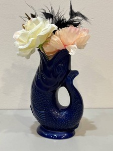 Blue Glazed Fish Vase With Artificial Floral Arrangement