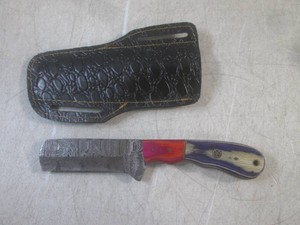 (CNTR) 8 14 Damascus Fixed Blade Knife with Leather Sheath