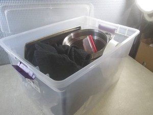 (F-3) Tote of Assorted Kitchen Items with Lid
