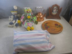 (D-2) Assorted Vintage - Copper Pot, 1955 Wood Wall Plate Decor, Dolls Etc