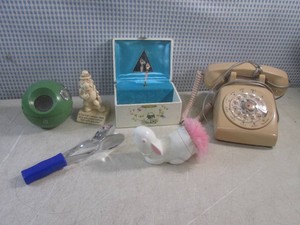 (CSB) Assorted Vintage 1970s Rotary Telephone, Ball Radio, Musical JewelryTrinket Box and Other