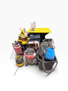 Large Mystery Contractor Cleanup Lot  Shop Vacs, Sprayer, Heater, PPE, Totes & Supplies