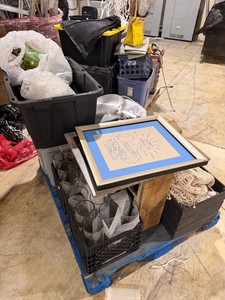 Large Mystery Wedding & Event Dcor Lot  Glass Vases, Signs, Greenery, Linens & Storage Totes