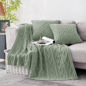 $30 Homiest Sage Green Cable Knit Throw Blanket Set of 3, with 2 Pillow Covers