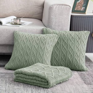 $30 Homiest Sage Green Cable Knit Throw Blanket Set of 3, with 2 Pillow Covers