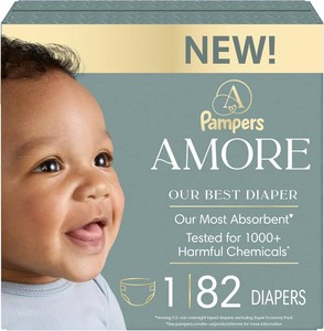 $30 Pampers Amore, Size 1 (8-14 lbs), 82 Count, Our Best Diaper   Hypoallergenic & Fragrance Free, Up to 100% Leakproof, Soft as Cashmere