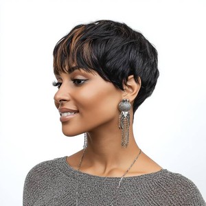 Pixie Cut Wig Short Black Layered Wavy Wigs For Women(Black Mixed Brown)