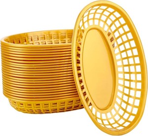 EUSOAR Plastic Food Baskets, 24 Pack Gold Oval Baskets, Reusable Burger Fries Sandwiches Bread Rolls Fruit Basket Great for Bakery Family Party Food Serving Storage Display Decor