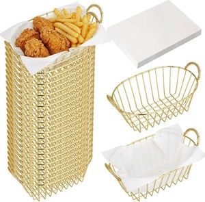 $56 24 Pack Gold Metal Wire Fast Food Baskets Bulk with 100 Food Blotting Sheet