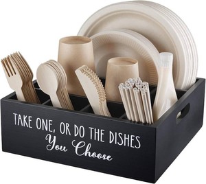 $28 ALELION Paper Plate Dispenser for Countertop - Wooden Utensil Holder Organizer for Party - Silverware Caddy for Plate, Cup, Fork, Spoon - Cutlery Holder with Handles for Kitchen Camping Buffet