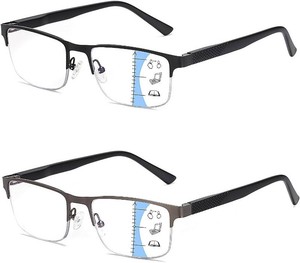 $24 Missfive 2 Pack Mens Quality Progressive Multifocus Reading Glasses Blue Light Blocking, Man Spring Hinge Multifocal No-Line Readers Half Frame Metal Eyeglasses,Workspace For Near Range, 2.5x
