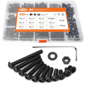 630PCS M3 x 456810121416182025mm Button Head Socket Cap Screws Bolts And Nuts Flat Washers Assortment Kit, 10.9 Grade Alloy Steel, Black Oxide Finish Metric Machine Allen Hex Drive