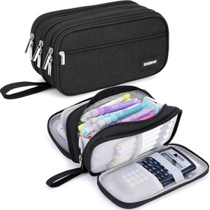 $26 Pencil Case Large Capacity, 3 Compartment Black Big Pen Pouch with Zipper