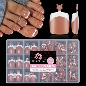 UNA GELLA Press on Toenails, 180Pcs French Tip Press on Fake Toe Nails, Short Square False Toenails Full Cover Acrylic Artificial Toe Nails for Women, Home DIY Salon Pedicure 15 Sizes